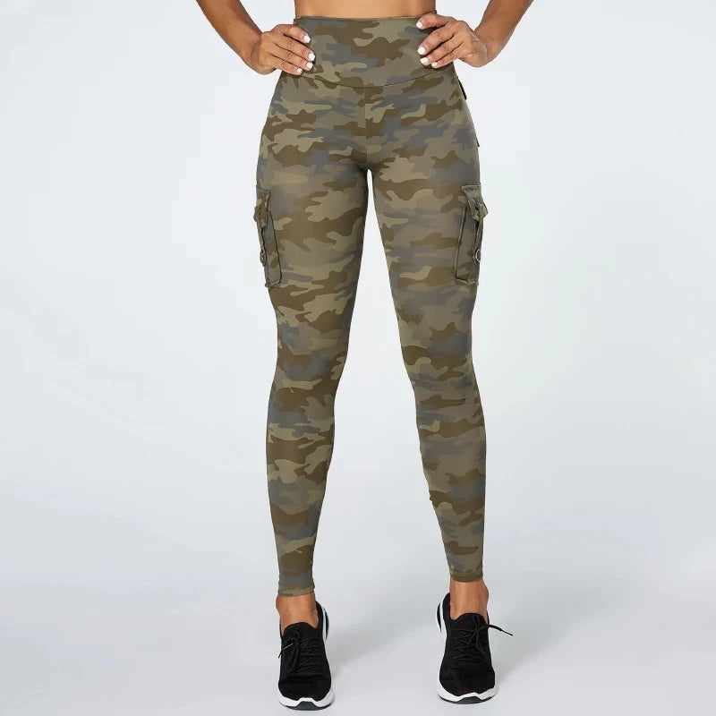 Pantalones de yoga de camuflaje para mujer, mallas deportivas de entrenamiento con bolsillo, sexys, push up, para gimnasio, pantalones elásticos ajustados