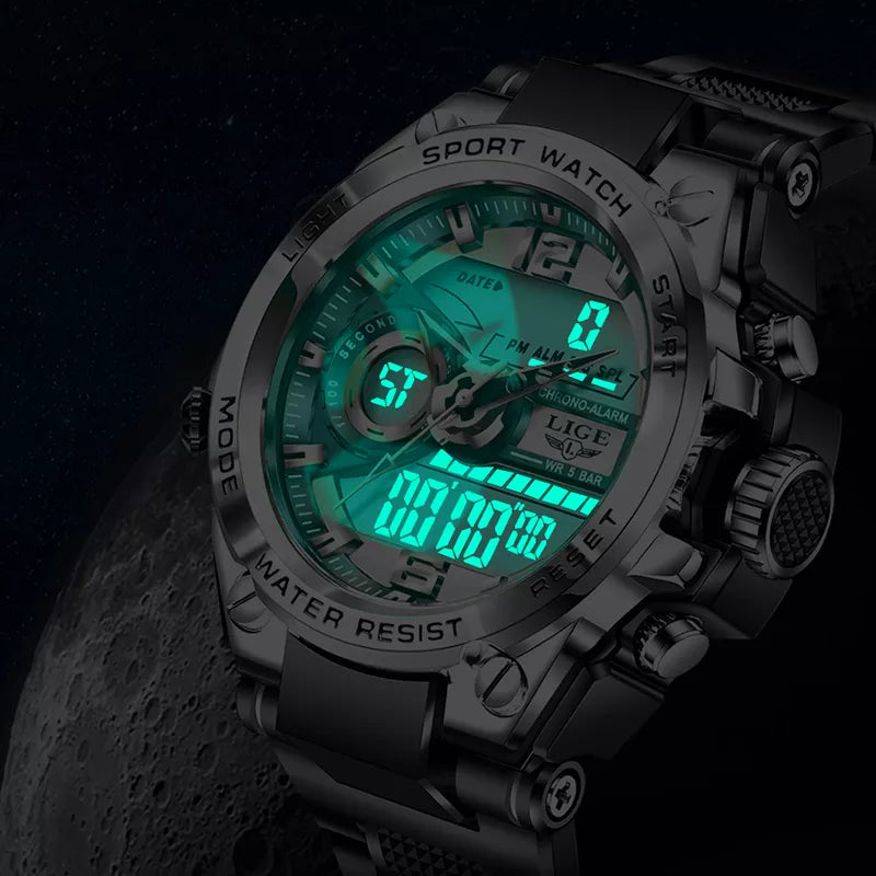 Reloj militar digital LIGE para hombre, resistente al agua hasta 50 m, LED, de cuarzo, deportivo, grande, Masculino