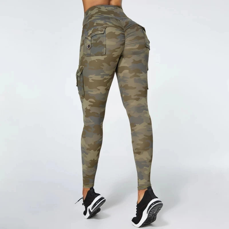 Pantalones de yoga de camuflaje para mujer, mallas deportivas de entrenamiento con bolsillo, sexys, push up, para gimnasio, pantalones elásticos ajustados