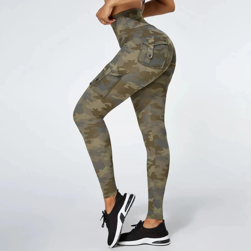 Pantalones de yoga de camuflaje para mujer, mallas deportivas de entrenamiento con bolsillo, sexys, push up, para gimnasio, pantalones elásticos ajustados