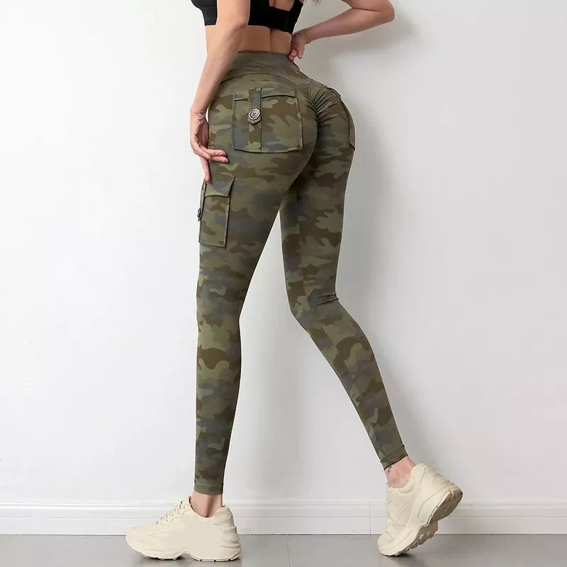 Pantalones de yoga de camuflaje para mujer, mallas deportivas de entrenamiento con bolsillo, sexys, push up, para gimnasio, pantalones elásticos ajustados