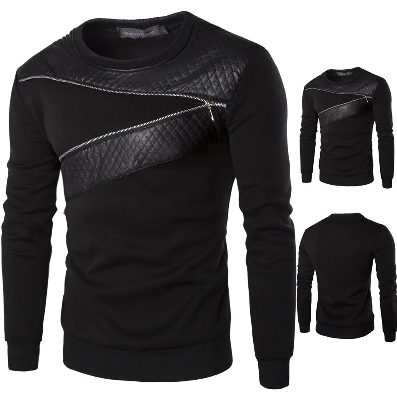 Sudadera con capucha y cremallera de retazos de cuero de otoño para hombre