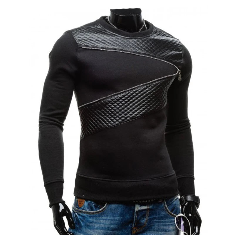 Sudadera con capucha y cremallera de retazos de cuero de otoño para hombre