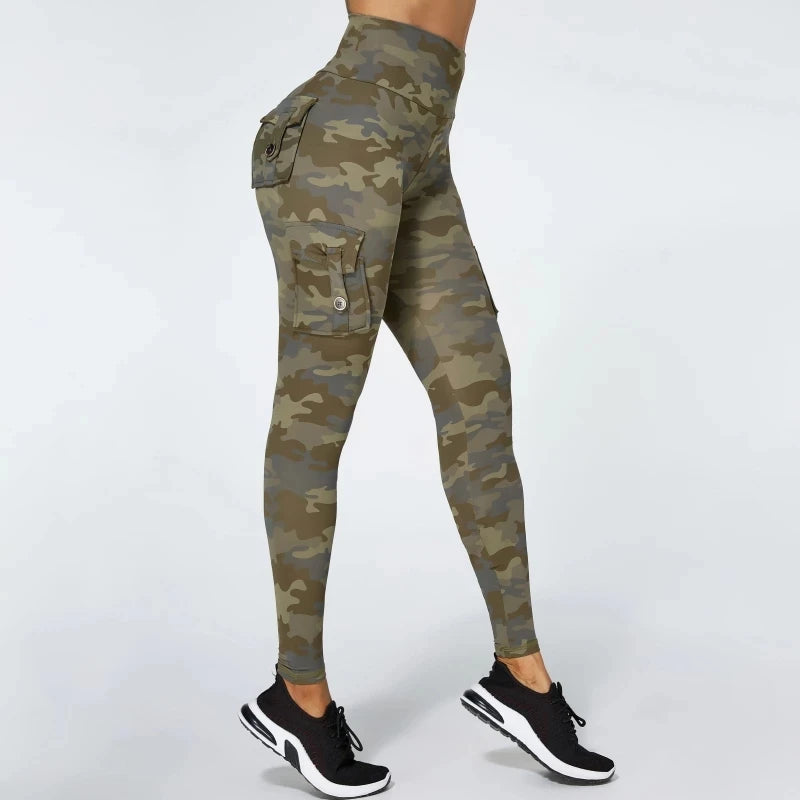 Pantalones de yoga de camuflaje para mujer, mallas deportivas de entrenamiento con bolsillo, sexys, push up, para gimnasio, pantalones elásticos ajustados