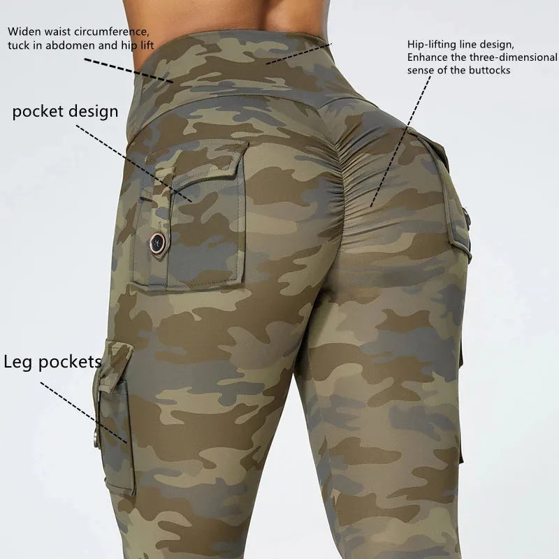 Pantalones de yoga de camuflaje para mujer, mallas deportivas de entrenamiento con bolsillo, sexys, push up, para gimnasio, pantalones elásticos ajustados