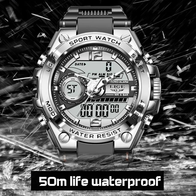 Reloj militar digital LIGE para hombre, resistente al agua hasta 50 m, LED, de cuarzo, deportivo, grande, Masculino