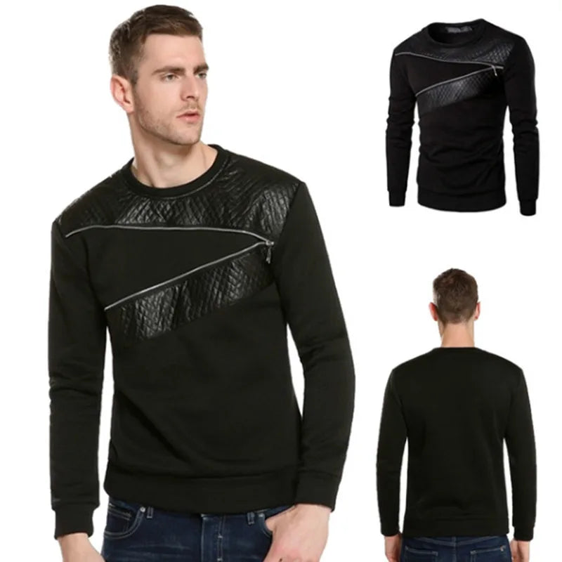 Sudadera con capucha y cremallera de retazos de cuero de otoño para hombre