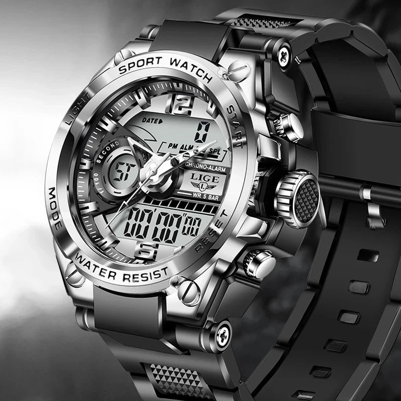 Reloj militar digital LIGE para hombre, resistente al agua hasta 50 m, LED, de cuarzo, deportivo, grande, Masculino
