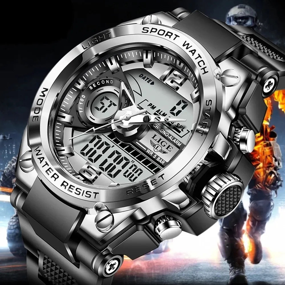 Reloj militar digital LIGE para hombre, resistente al agua hasta 50 m, LED, de cuarzo, deportivo, grande, Masculino