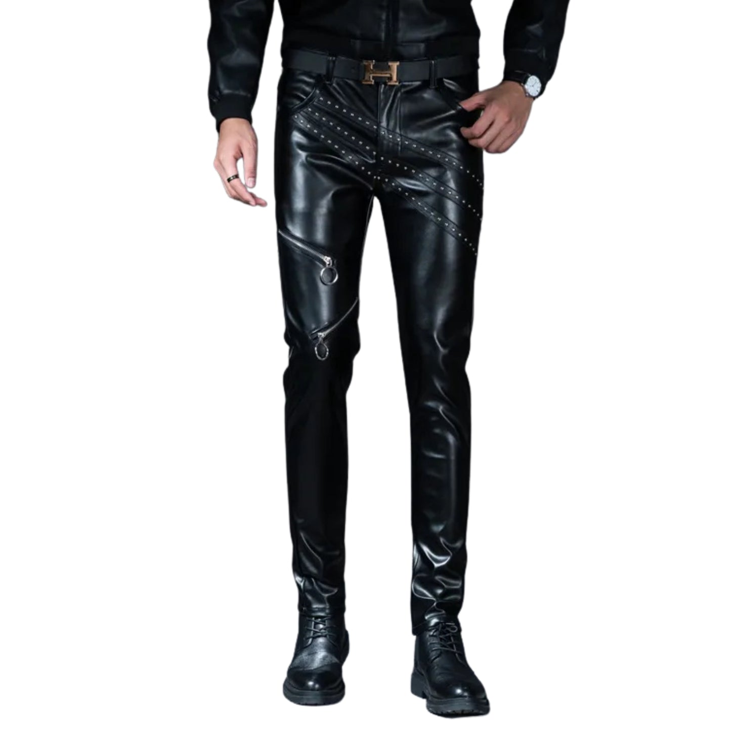 New Mens Skinny Biker Leather Pants Fashion Faux Leather Motorcycle Trousers For Male Stage Club Wear