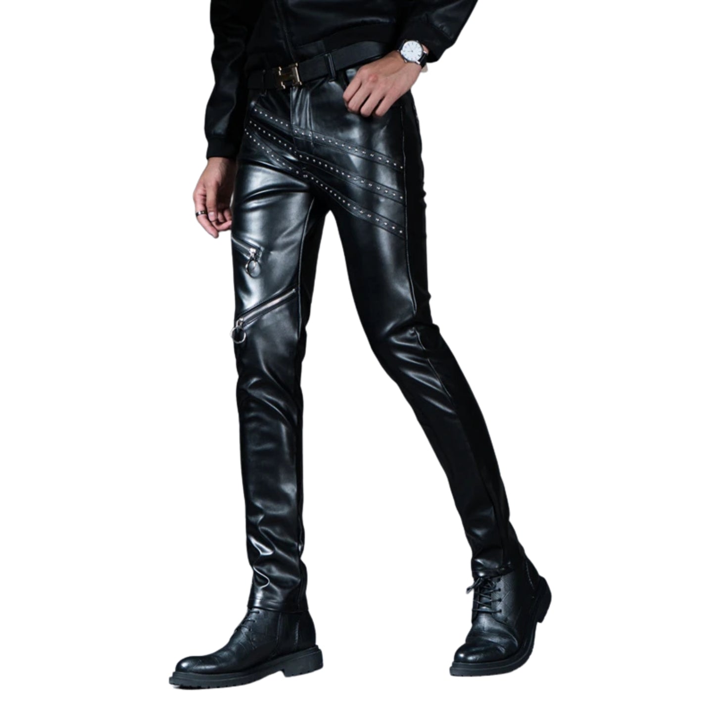 New Mens Skinny Biker Leather Pants Fashion Faux Leather Motorcycle Trousers For Male Stage Club Wear