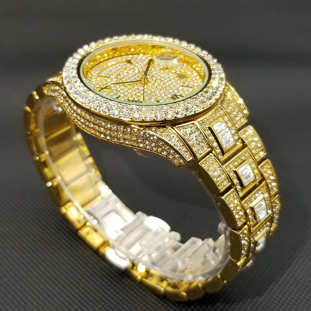 MISSFOX Iced Out Watch Unisex Luxury Gold Full Diamond Hip Hop Impermeable Día Fecha Reloj Producto más vendido