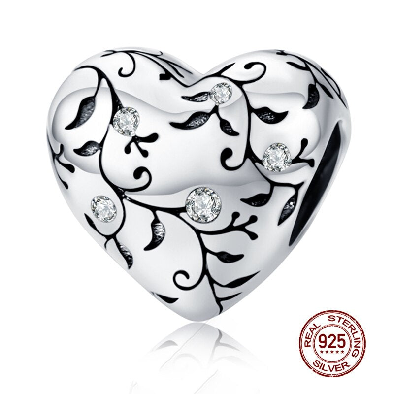 WOSTU Real 925 Sterling Silver Heart Beads Flower Retro Pattern Charms Pendant Fit Original DIY Bracelet Necklace Silver Jewelry