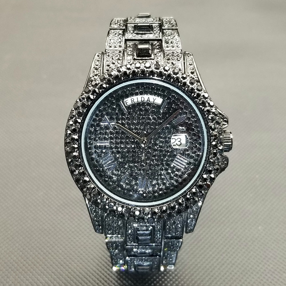 MISSFOX Iced Out Watch Unisex Luxury Gold Full Diamond Hip Hop Impermeable Día Fecha Reloj Producto más vendido