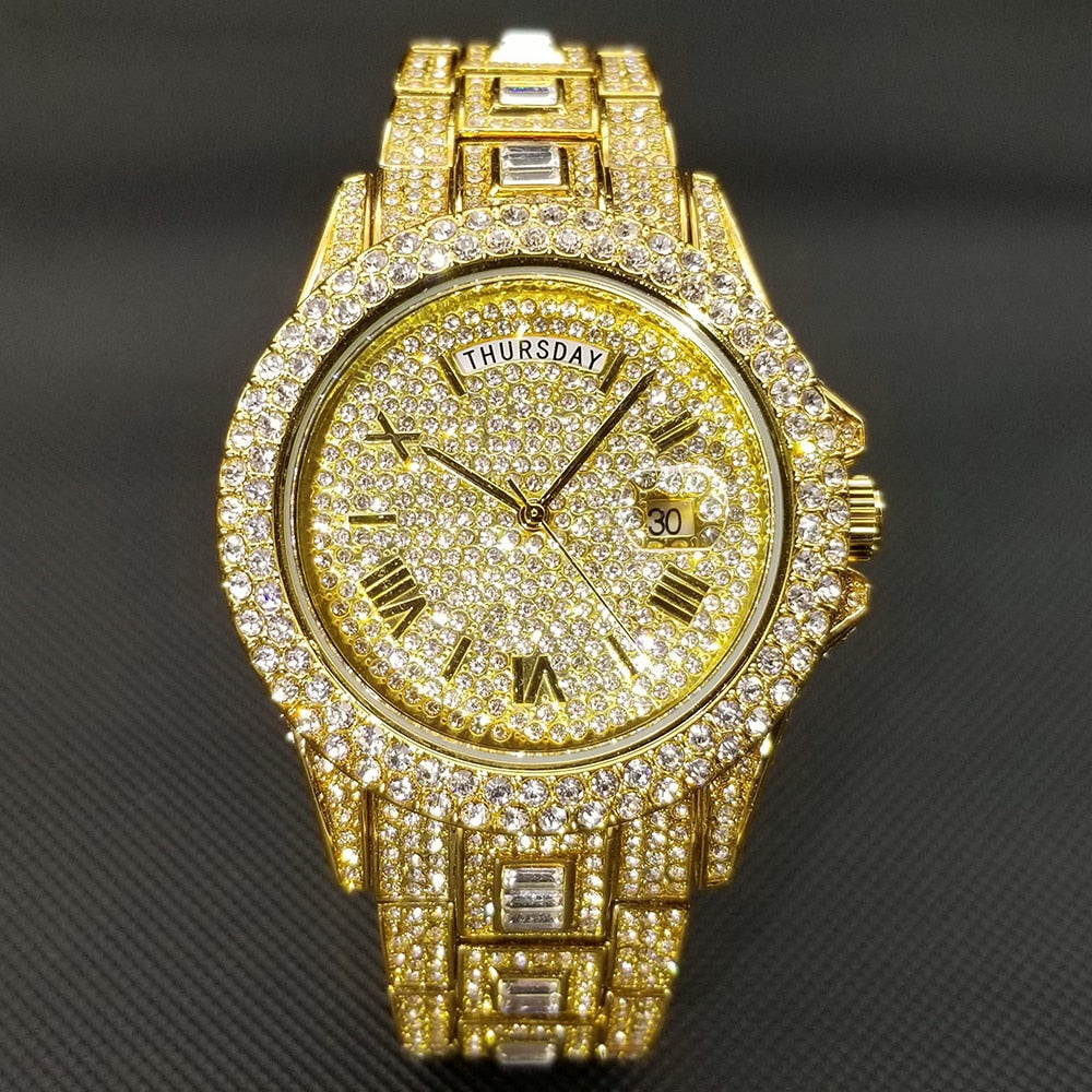 MISSFOX Iced Out Watch Unisex Luxury Gold Full Diamond Hip Hop Impermeable Día Fecha Reloj Producto más vendido