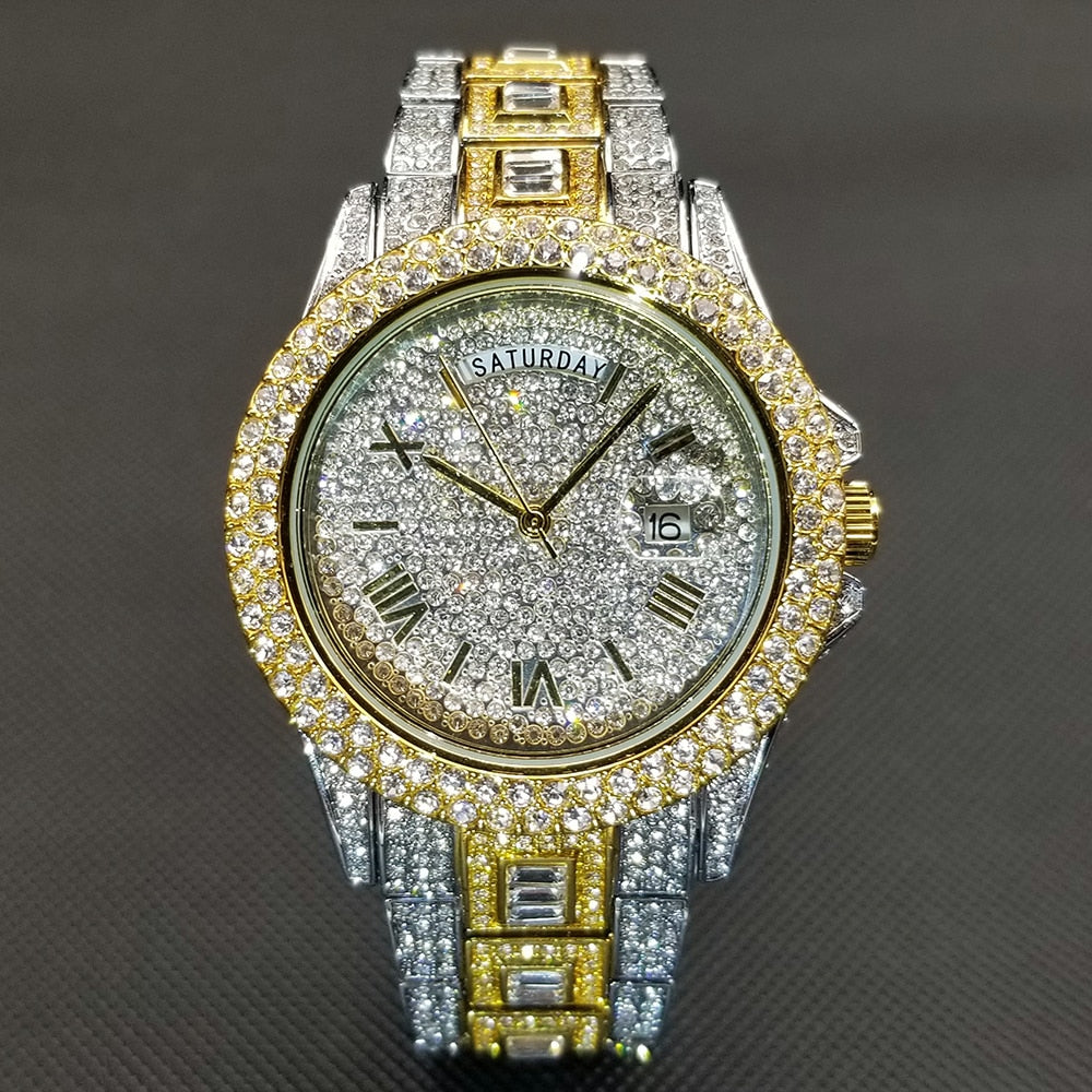 MISSFOX Iced Out Watch Unisex Luxury Gold Full Diamond Hip Hop Impermeable Día Fecha Reloj Producto más vendido
