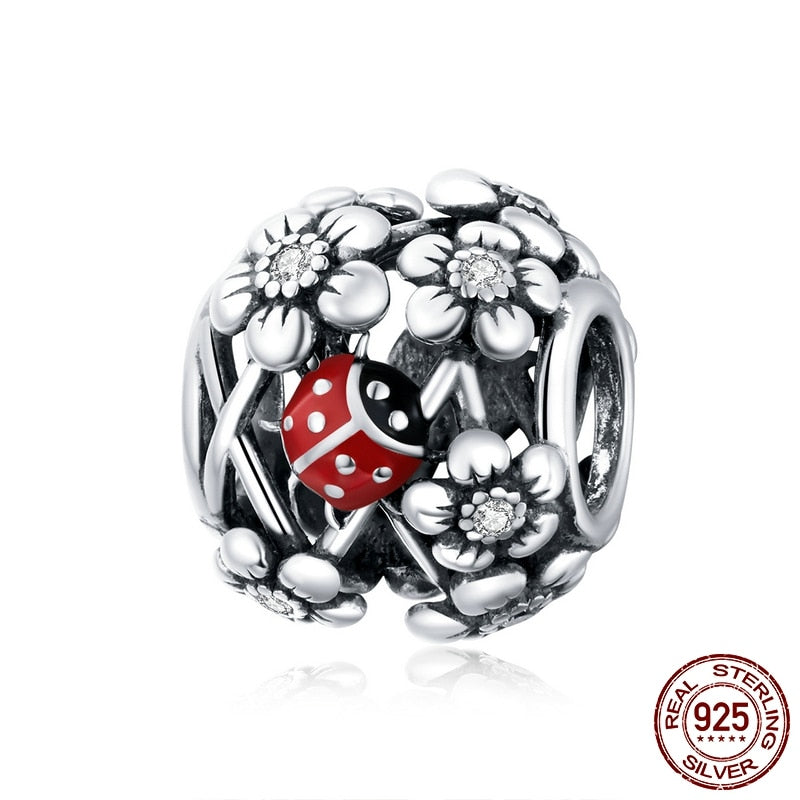 WOSTU Real 925 Sterling Silver Heart Beads Flower Retro Pattern Charms Pendant Fit Original DIY Bracelet Necklace Silver Jewelry