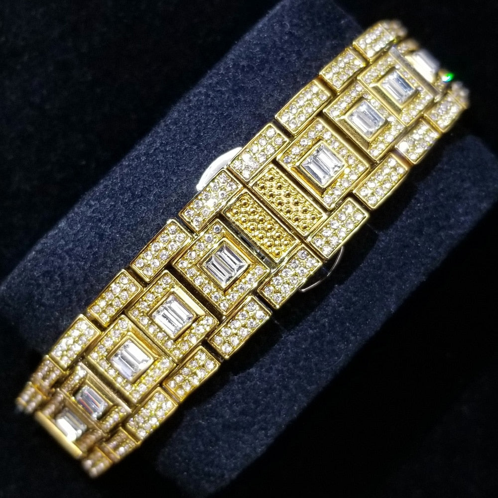 MISSFOX Iced Out Watch Unisex Luxury Gold Full Diamond Hip Hop Impermeable Día Fecha Reloj Producto más vendido