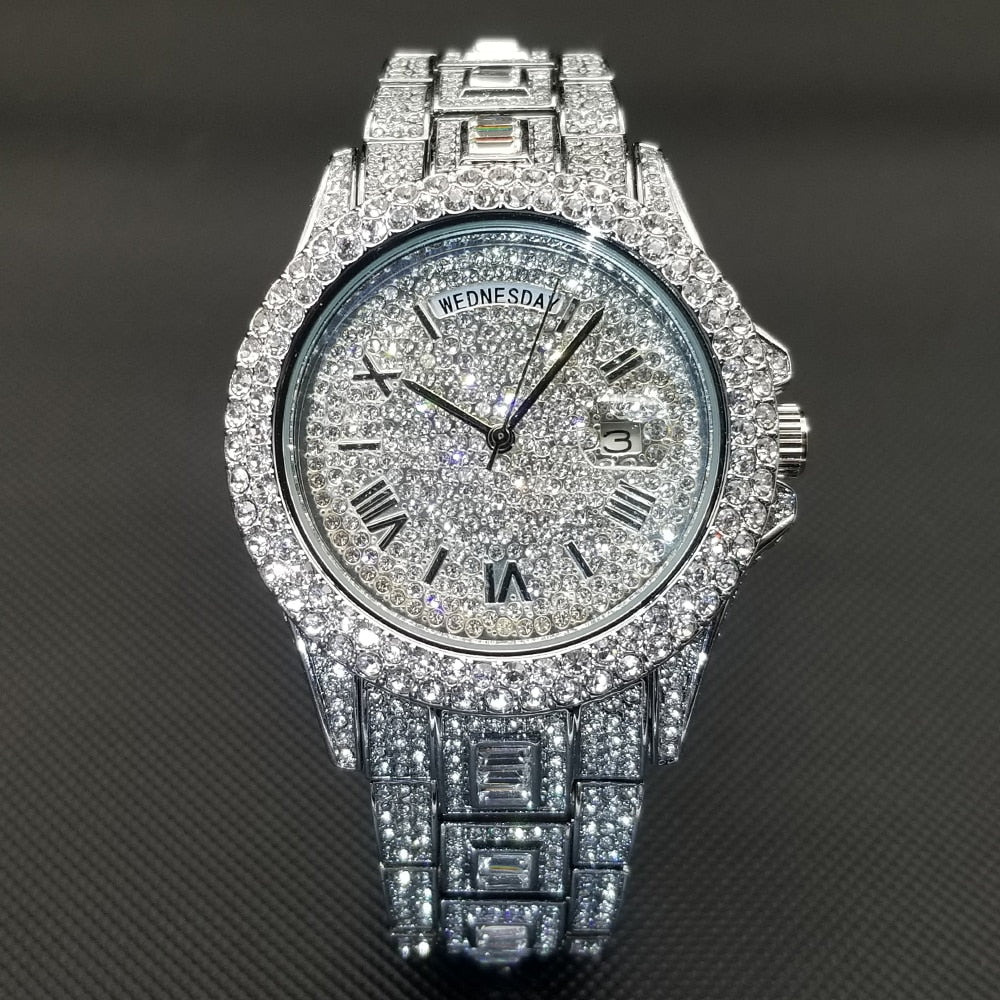 MISSFOX Iced Out Watch Unisex Luxury Gold Full Diamond Hip Hop Impermeable Día Fecha Reloj Producto más vendido