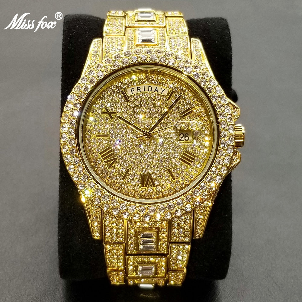 MISSFOX Iced Out Watch Unisex Luxury Gold Full Diamond Hip Hop Impermeable Día Fecha Reloj Producto más vendido