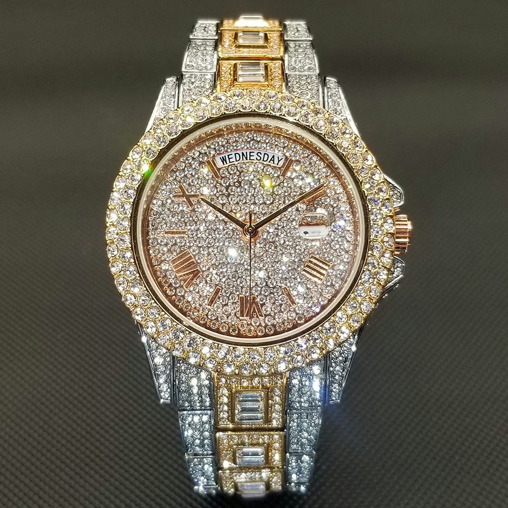 MISSFOX Iced Out Watch Unisex Luxury Gold Full Diamond Hip Hop Impermeable Día Fecha Reloj Producto más vendido