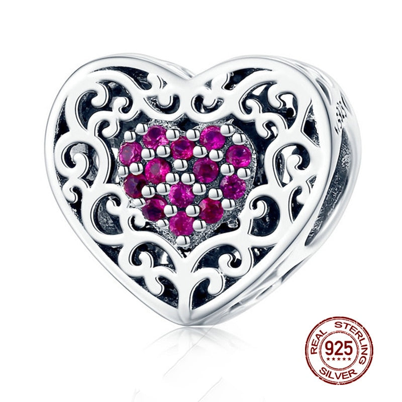 WOSTU Real 925 Sterling Silver Heart Beads Flower Retro Pattern Charms Pendant Fit Original DIY Bracelet Necklace Silver Jewelry