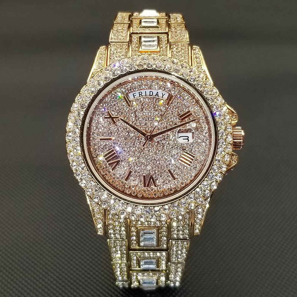 MISSFOX Iced Out Watch Unisex Luxury Gold Full Diamond Hip Hop Impermeable Día Fecha Reloj Producto más vendido