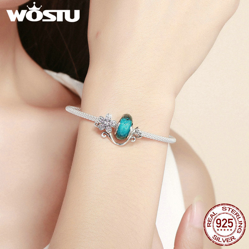 WOSTU 925 Sterling Silver Green Murano Beads Pink Flower Charm Bangles & Bracelet For Women Original Silver Jewelry Gift CQB822