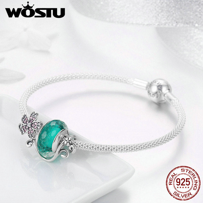 WOSTU 925 Sterling Silver Green Murano Beads Pink Flower Charm Bangles & Bracelet For Women Original Silver Jewelry Gift CQB822