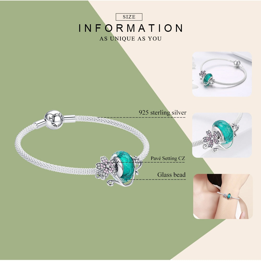 WOSTU 925 Sterling Silver Green Murano Beads Pink Flower Charm Bangles & Bracelet For Women Original Silver Jewelry Gift CQB822