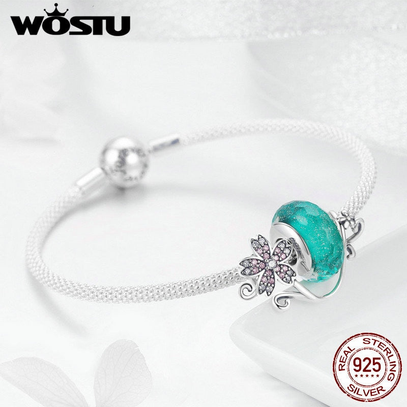 WOSTU 925 Sterling Silver Green Murano Beads Pink Flower Charm Bangles & Bracelet For Women Original Silver Jewelry Gift CQB822
