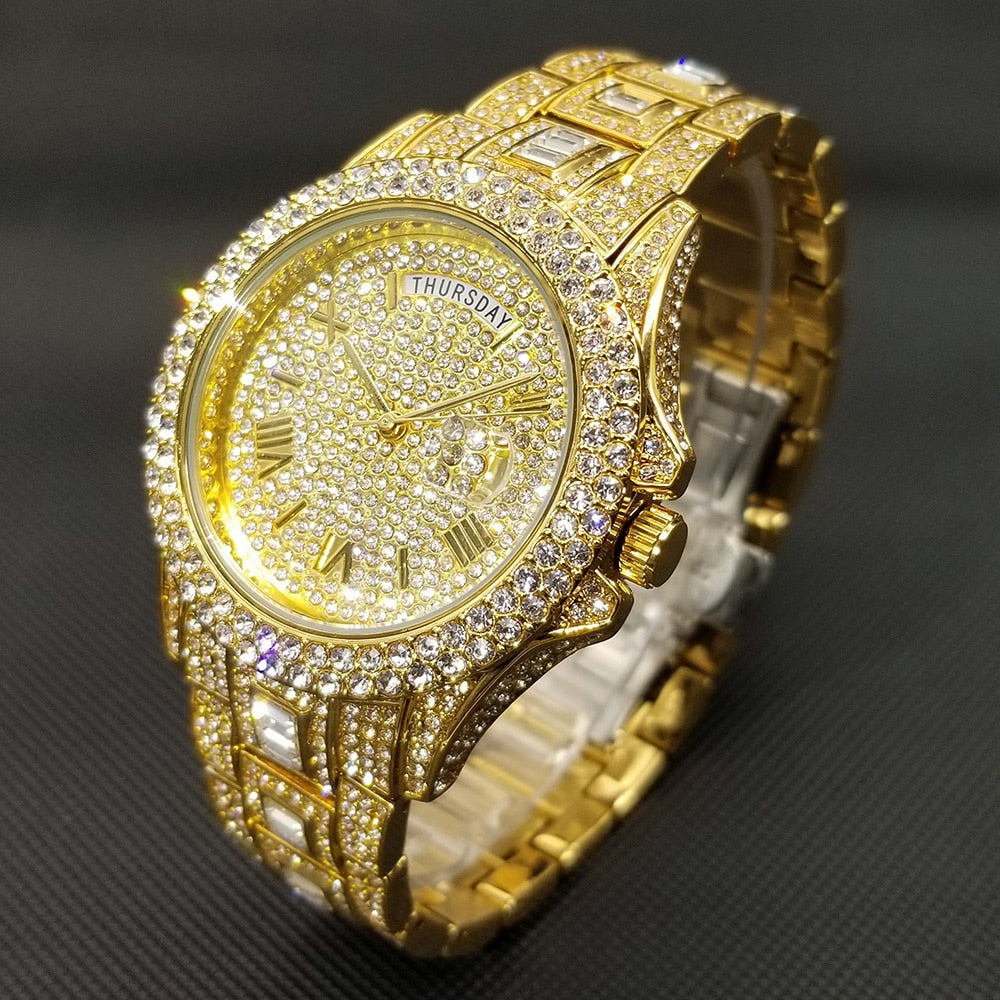 MISSFOX Iced Out Watch Unisex Luxury Gold Full Diamond Hip Hop Impermeable Día Fecha Reloj Producto más vendido