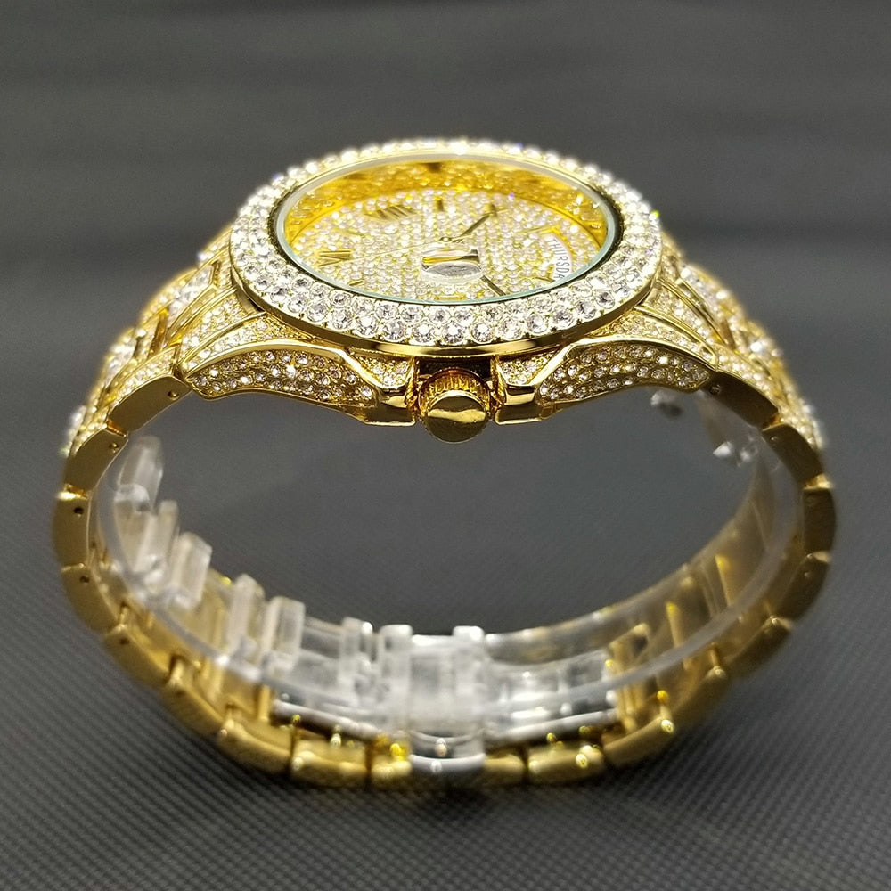 MISSFOX Iced Out Watch Unisex Luxury Gold Full Diamond Hip Hop Impermeable Día Fecha Reloj Producto más vendido