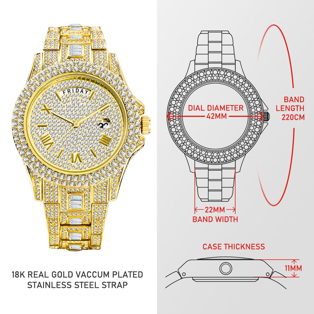 MISSFOX Iced Out Watch Unisex Luxury Gold Full Diamond Hip Hop Impermeable Día Fecha Reloj Producto más vendido