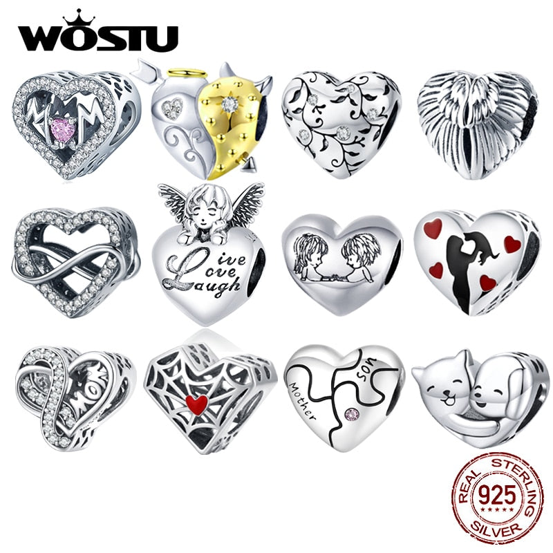 WOSTU 100% 925 Sterling Silver Heart Vintage Charms Beads Fit Original DIY Bracelets Necklace Mother's Day Jewelry Gifts for Mom