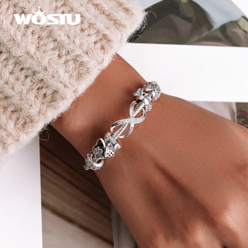 WOSTU Real 925 Sterling Silver Heart Beads Flower Retro Pattern Charms Pendant Fit Original DIY Bracelet Necklace Silver Jewelry