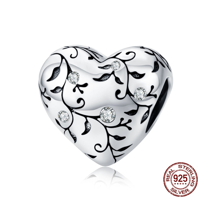 WOSTU 100% 925 Sterling Silver Heart Vintage Charms Beads Fit Original DIY Bracelets Necklace Mother's Day Jewelry Gifts for Mom
