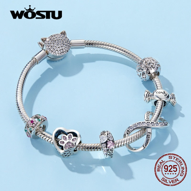 WOSTU Real 925 Sterling Silver Heart Beads Flower Retro Pattern Charms Pendant Fit Original DIY Bracelet Necklace Silver Jewelry