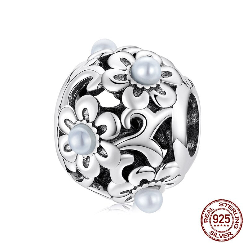 WOSTU Real 925 Sterling Silver Heart Beads Flower Retro Pattern Charms Pendant Fit Original DIY Bracelet Necklace Silver Jewelry