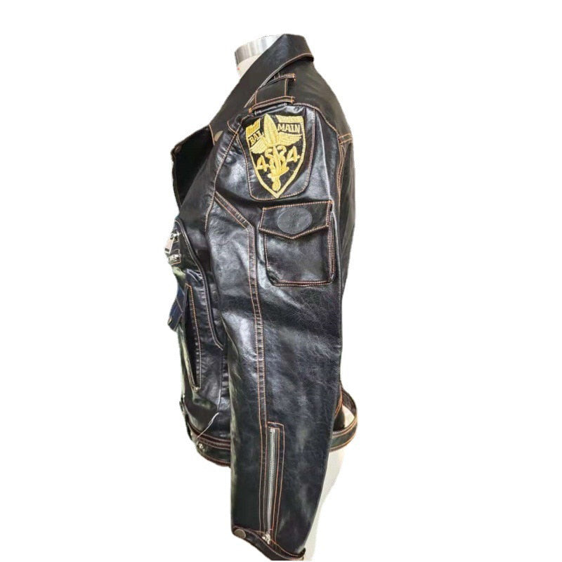 Chaqueta de cuero sintético para hombre, estilo motociclista, primavera (XXXL = L UE/RU)