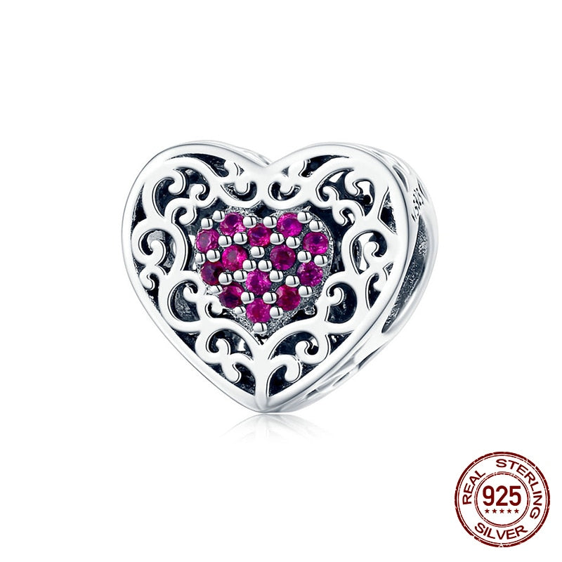 WOSTU 100% 925 Sterling Silver Heart Vintage Charms Beads Fit Original DIY Bracelets Necklace Mother's Day Jewelry Gifts for Mom