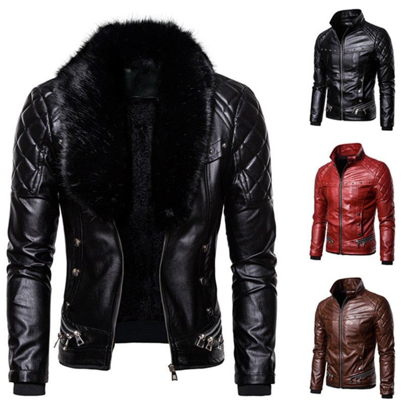 New Design Motorcycle Bomber Add Wool Leather Jacket Men Autumn Turn Down Fur Collar Removable Slim Fit Male Warm Pu Coats