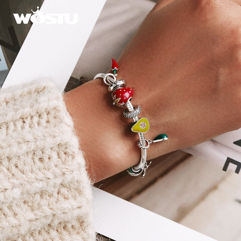 WOSTU Real 925 Sterling Silver Heart Beads Flower Retro Pattern Charms Pendant Fit Original DIY Bracelet Necklace Silver Jewelry