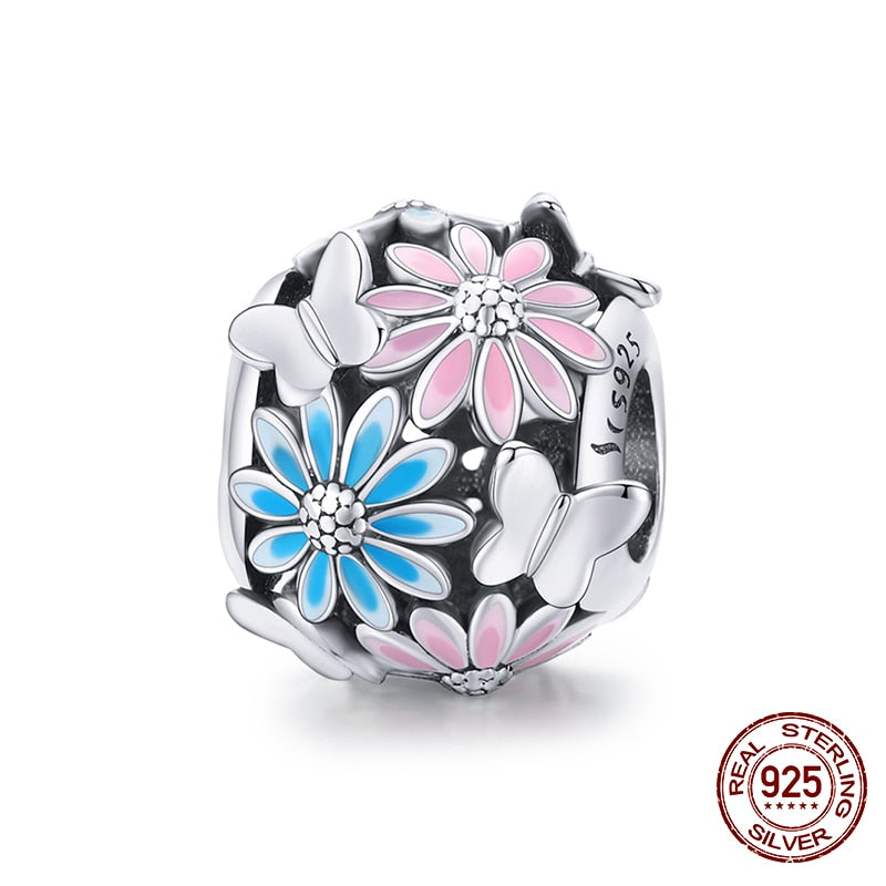 WOSTU Real 925 Sterling Silver Heart Beads Flower Retro Pattern Charms Pendant Fit Original DIY Bracelet Necklace Silver Jewelry