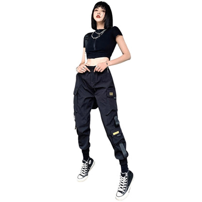 Streetwear pantalones negros cintura elástica pantalones de chándal verano otoño Hip Hop mujer Pantalones