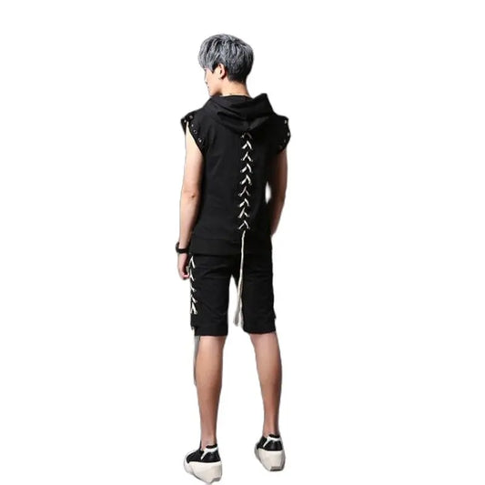 Camiseta con capucha estilo hip hop punk para hombre, diseño con cordones en la espalda, ropa urbana