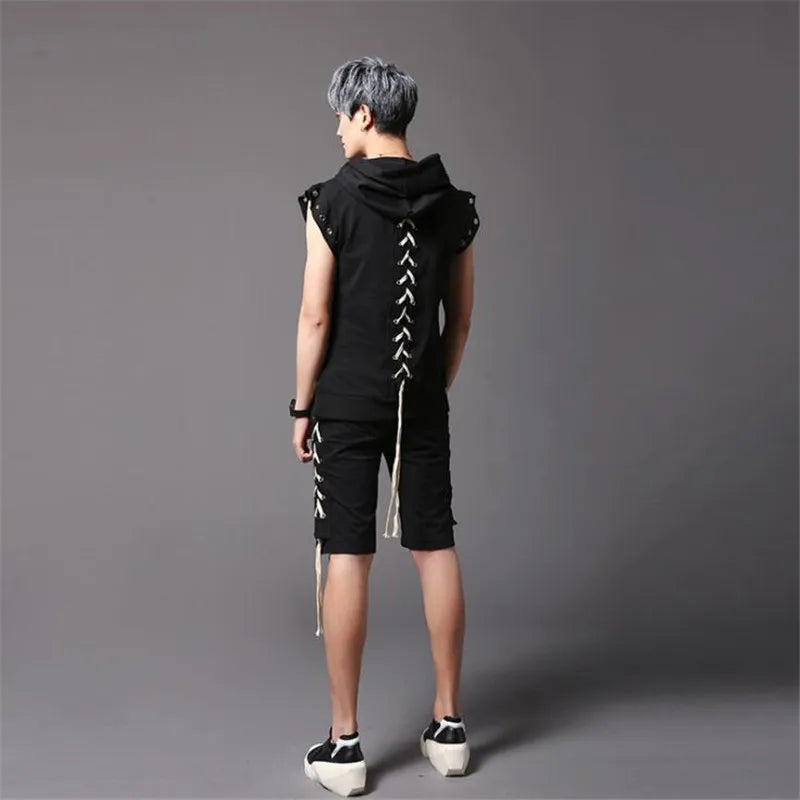 Men hip hop punk hooded t shirt back lacing design streetwear