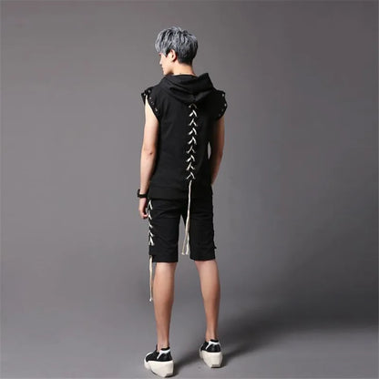 Camiseta con capucha estilo hip hop punk para hombre, diseño con cordones en la espalda, ropa urbana
