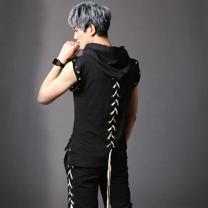 Camiseta con capucha estilo hip hop punk para hombre, diseño con cordones en la espalda, ropa urbana