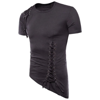 Camiseta de hip hop punk con diseño irregular para hombre, estilo gótico con cordones.